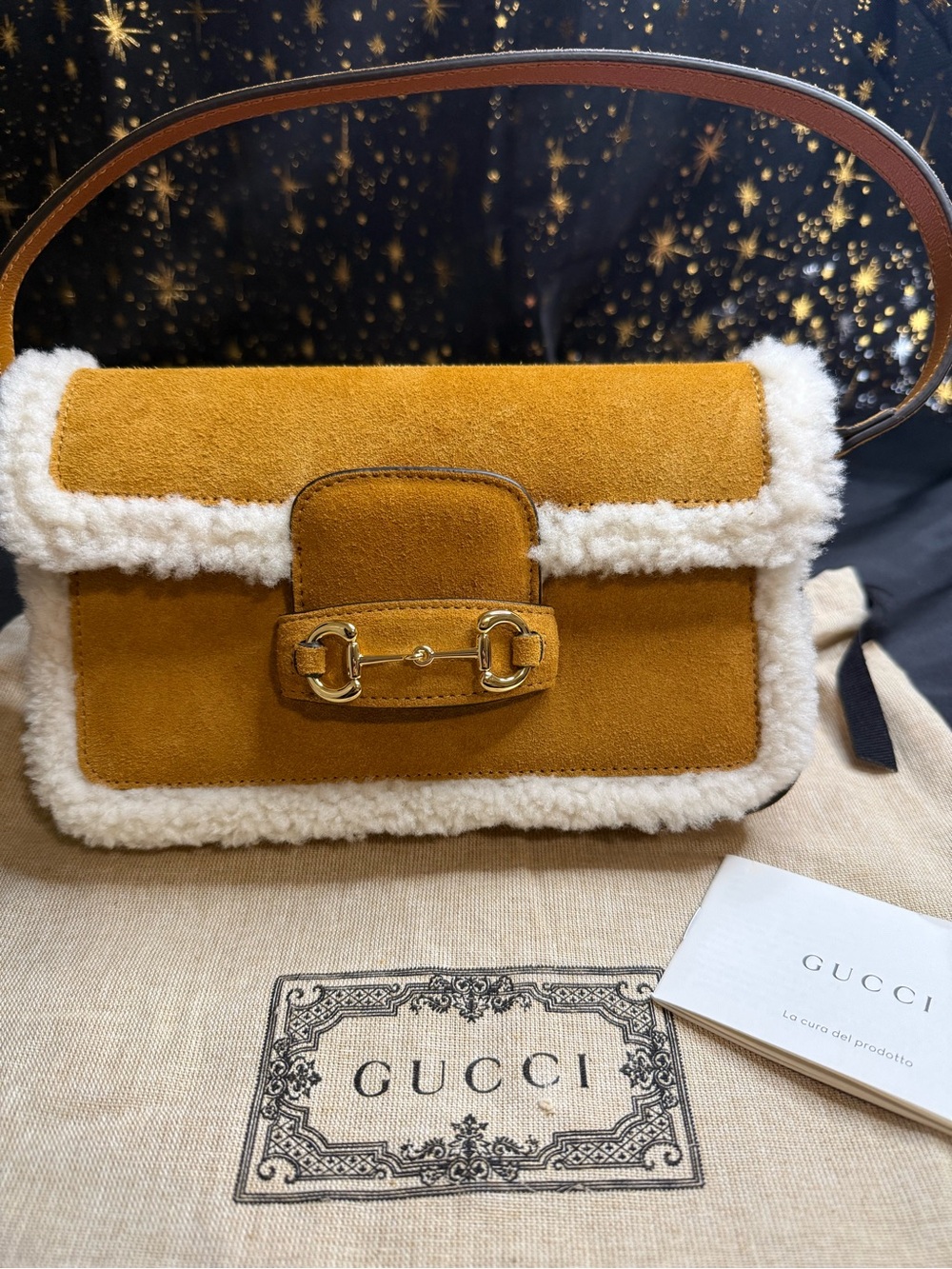 Gucci Mini Horsebit 1955 Shearling-Trimmed Suede Shoulder Bag